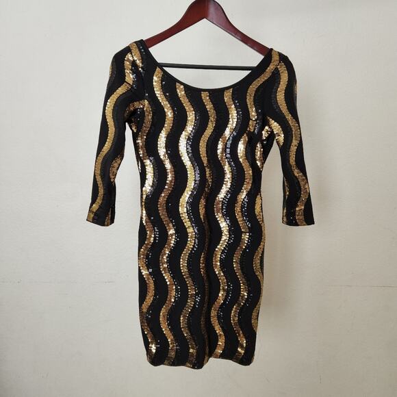 Foreign Exchange Black & Gold Sequined Mini Dress Size M - Picture 7 of 9